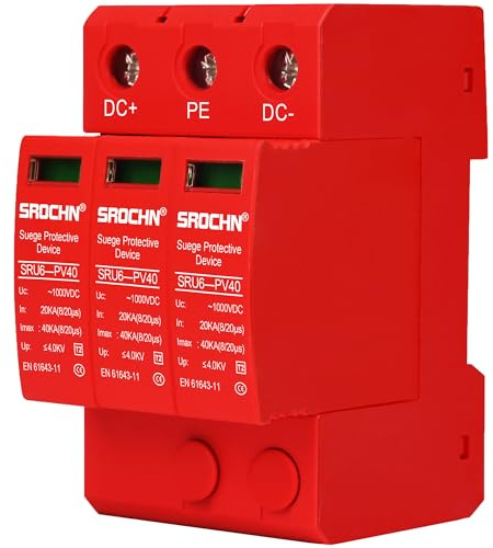 Warmfay Protection contre les surtensions PV 3P 20-40 KA, 1000 V CC Photovoltaic Lightning Protector Parafoudre T2 Protection contre la foudre 35 mm Montage sur rail DIN
