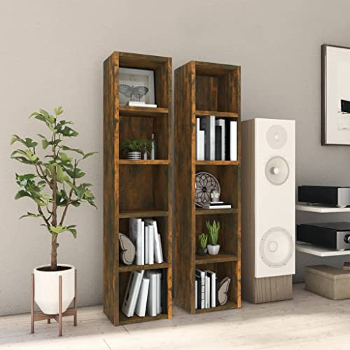 prissent CD-Möbel, 2 Stück, Eiche Rauch, 21 x 16 x 93,5 cm, Holz, mehrschichtiges Regal, hoch und schmal, Möbel für Wohnzimmer, Bücherregal, schmal und hoch, CD-Ständer