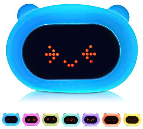 Kadoing® Despertador Infantil Oso - con Expresiones faciales y función táctil - Reloj con luz para niños - Luz Nocturna - Entrenador de sueño - Juguete Educativo - Reloj Infantil para Dormitorio