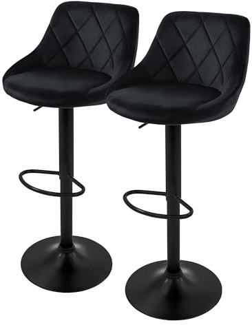 ML-Design Barhocker 2er Set, Bezug aus Samt, Schwarz, Gepolsterter Barstuhl mit Rückenlehne und Fußstütze, Tresenhocker höhenverstellbar 62-82 cm, 360° drehbar, Bistrohocker Hocker Drehstuhl Barstühle