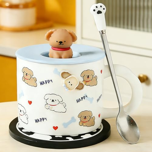 Disoza Hund Tasse mit Deckel Cat Mug 420ml Kaffee Tasse Hund Geschenk Keramik Teetasse mit Löffel & Untersetzer Tee Kaffee Weihnachten Becher Geburtstagsgeschenk für Frau Freundin Kinder