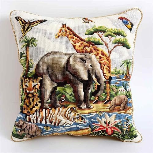 kitphoenix Knüpfkissen Set, Latch Hook Kissen Kit Tier Elefant Tiger Löwefür Kinder Oder Anfänger Erwachsene Zum Selber Knüpfen, Diy Knüpfteppich Knüpfpackung, Knüpfhaken Set 43 X 43 Cm