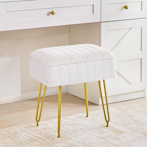 Redlife schminktisch Stuhl, sitzhocker mit stauraum, Ottomanischer Fußhoker, Ottomane für Wohnzimmer, Kunstpelz Schminkstuhl mit Goldmetallbeinen (Weiß)