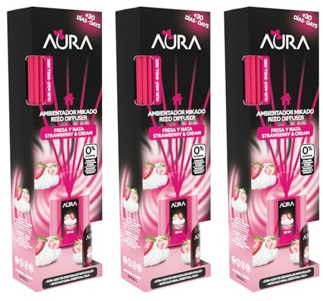 AURA | Pack 3 Ambientador Mikado con Varillas | Larga Duración 4 Semanas | 0% Alcohol | 3x30ml (Fresa y Nata)