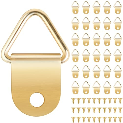 Caianwin 30 Pezzi Ganci per Foto con Anello a D, Ganci a Triangolo con Viti, Piccoli Ganci in Acciaio per Appendere Orologi, Dipinti, Cornici Fotografiche (Oro)