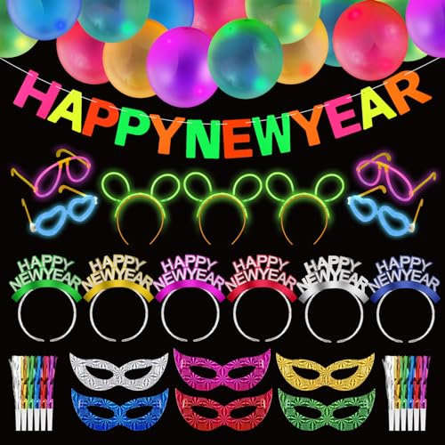 DPKOW 80+ Silvester Deko 2026 Knicklichter Party Set, Silvester Haarreif Happy New Year Girlande Leuchtstäbe Ballons Masken Tröten für Neon Party Deko Silvester 2026 Silvesterdeko Party Zubehör