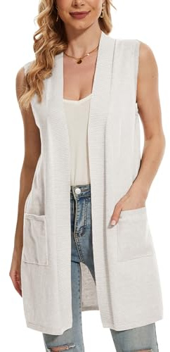 breezy lane Cardigan da donna senza maniche, a costine, aperto sul davanti, drappeggiato, gilet lungo maglione con tasche