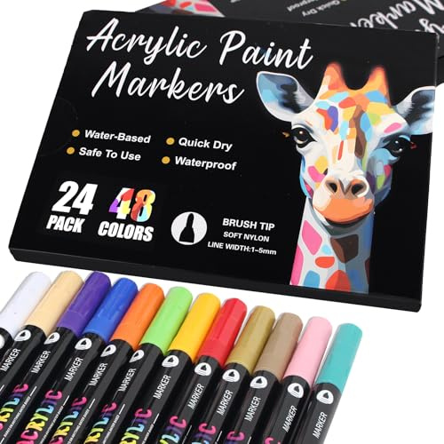 AEDAGA 24 Acrylic Paint Pens with 48 Colours Brush Tip for Rock Painting Fabric Glass Stone Ceramic Wood Metal, Dual Tip Acrylic Markers for Adults, Paint Markers for Easter Egg Pumpkins Graffiti