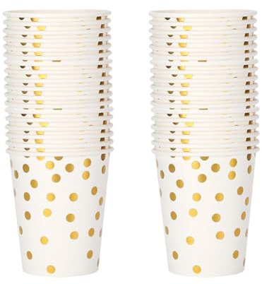 FSSTUD Lot de 50 gobelets en papier à pois de 255 ml pour fête, fête de mariage, remise de diplôme, anniversaire, vacances, pique-nique - Accessoires de fête - Blanc doré