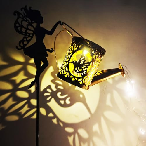 Yevheniy Guirlande lumineuse solaire pour arrosoir - Décoration de jardin - LED étanche - Lampes vintage en métal - Lanterne solaire avec crochet de berger pour pelouse, cour, chemin (colibri)