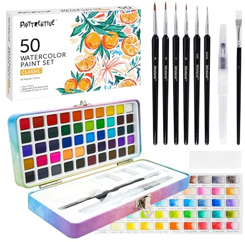 POTTREATIVE Aquarellfarben Set 50 Farben mit tragbarem Koffer Reise-Aquarell-Set mit Pinseln und Palette für Künstler, Malerei-Liebhaber