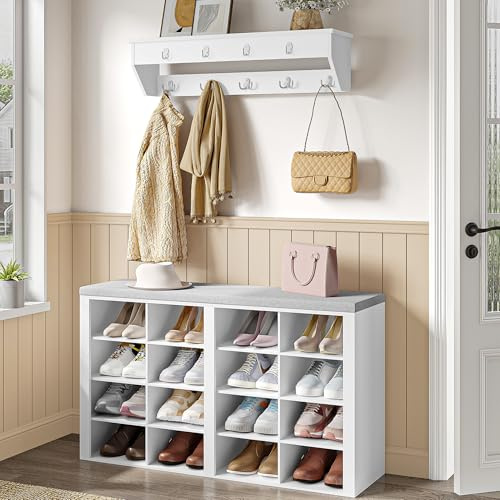 Hzuaneri Panca Scarpiera, Scarpiera Ingresso con Cuscino, 16 Scomparti, Appendiabiti da Parete con 9 Ganci Appendiabiti, per Soggiorno, Ingresso, Bianco-Grigio HT56603GY