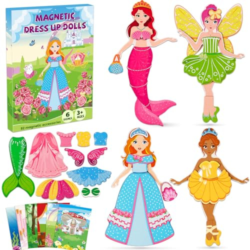 DINSUMRUG Magnetic Dress Up Dolls for Girls,Princess Mermaid Fairy Ballerina Magnet Dolls Dress Up Kits,Car Road Trip Airplane Activity Travel Games Toys Birthday Gift for Girls Ages 3 4 5 6 7