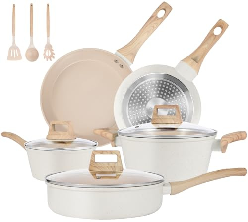 M MELENTA Ceramic Pots and Pans Sets Non Stick, 11 Pcs Induction Hob Pan Set, Nonstick Saucepan Set with lids, PFAS, PFOA and PTFE Free, Cream Color