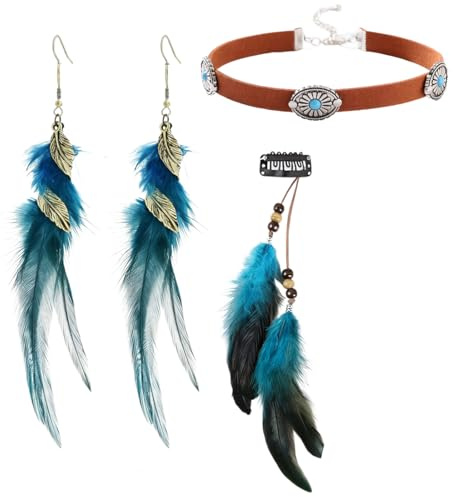 YUVKIN Feder Haarschmuck Clip, Indianer Feder Haarverlängerungen Damen, Drop Leder Choker Halskette (Braun), Federohrringe (Blau), Boho Stammes-Schmuck für Frauen Karneval Cosplay Tribal Kostüm Party