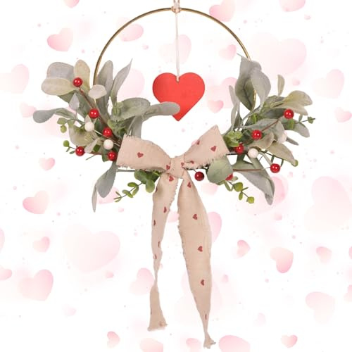 Künstliche Türkranz Deko, Haustür Deko Kranz mit Beeren, Holz Herz Schild und Schleifen, Fensterdeko Hängend Dekokranz Türschmuck Wandkranz Valentinstag Muttertag Frühlingsdeko Hochzeitsdeko