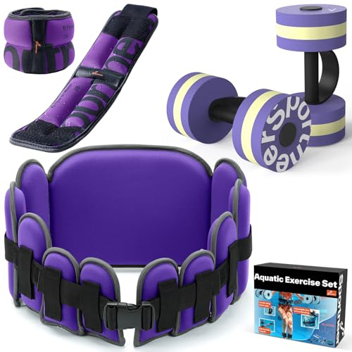 Sportneer 3-in 1 Wasser Aerobic Pool Übung Ausrüstung Wassertraining Combo -Set umfasst Hochdichte Wasser Hantel Aquagürtel Wasser -Knöchelgewichte für Aqua -Therapiepool Fitness Wasserübungen,Lila, L