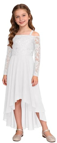 ranrann Abito Elegante da Ragazza Manica Lunga con Spalle Scoperte per Cerimonia Vestito Lungo da Damigella in Pizzo per Matrimonio Comunione Battesimo Compleanno A Bianco 9-10 Anni