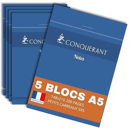 Conquérant lot de 5 Bloc-Notes A5 Petits Carreaux 5mm 200 Pages Agrafées Tête Couverture Carte Bleue