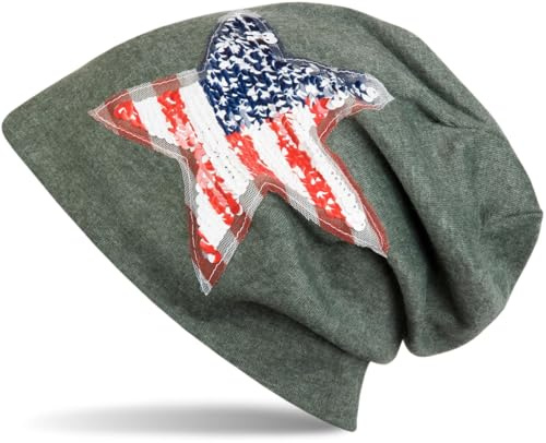 styleBREAKER Unisex Beanie USA Pailletten Stern Kopfumfang bis 60cm | Slouch Longbeanie. elastisches Material. Bundweite 26cm. Höhe 26cm. Einheitsgröße. weiche Haptik.