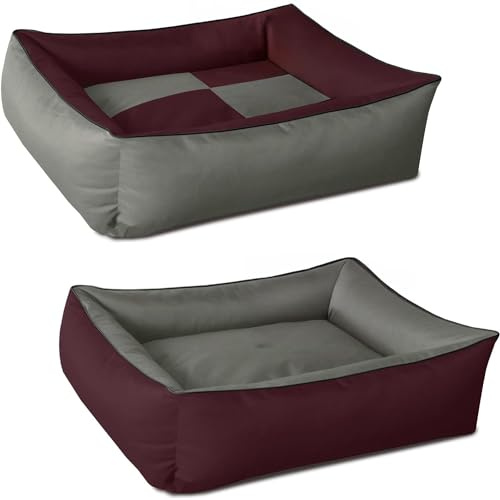BedDog® hundsäng MAX QUATTRO 4in1, fyrkantig hundkudde, stor hundsäng, hundsoffa, med avtagbart locket, tvättbar, L, bordeaux/grå