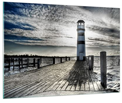 ARTTOR Bilder auf Glas 100x70cm Glasbild See Leuchtturm Holzbrücke Wasser Groß Wanddeko Bild im Glas Schlafzimmer Küche Deko Wandbilder Dekoration Wohnzimmer Modern Wand Kunstdruck Art GAA100x70-0330
