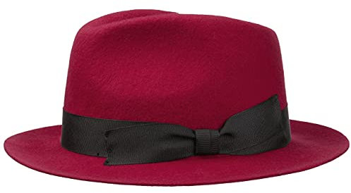 Lipodo Morten Filzhut Made in Italy Unifarbener Wollfilzhut mit Ripsband Herbst/Winter Fedora mit asymmetrischer Schleife Damen Herren dunkelrot L (58-59 cm)