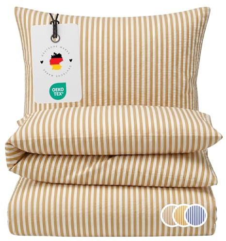 Carpe Sonno Seersucker Bettwäsche 155x220 Baumwolle [Bügelfrei] | Leicht kühlende 155x220cm Bettwäsche Seersucker | Sommer Bettbezug 155x220 mit Streifen | Sommerbettwäsche gestreift Beige Weiß