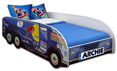 ACMA Kinderbett LKW Truck 160x80 cm Autobett Juniorbett für Kinder mit Matratze und Lattenrost, Spielbett mit Rausfallschutz, Kinderzimmer Bettmöbel, Design 08 Renn-LKW + Name