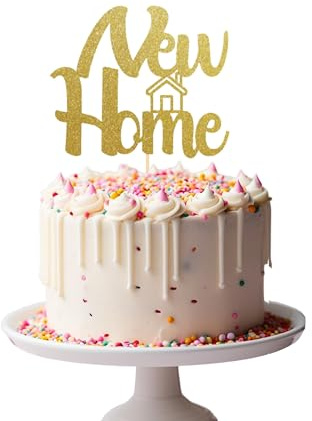 NEW HOME Cake Topper Glitter Cardstock Housewarming Decoration Centerpiece Toppers (GOLD)