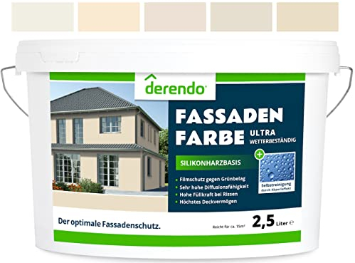 derendo Silikonharz Fassadenfarbe Beige ULTRA Wetterschutz Cremefarben 2.5 l aussen Fassade Silikonharzfarbe mit Abperleffekt Lotus Blatt Fassadenschutz Schmutzabweisende Silikonharzbeschichtung
