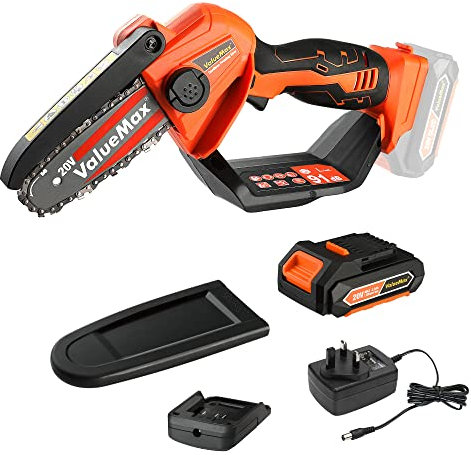 ValueMax Mini Chainsaw, 4 Cordless Electric Chainsaw with 2.0 Ah Battery, 20V One-Handed Chain Saw for Gardening, Pruning Trees & Branches, Wood Cutting