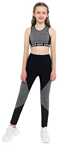 Oyolan Sportset flicka leggings långa strumpbyxor fitness yoga löpning sport linne bodybuilding linne linne gymnastik dräkt dans 6–14 år, Mörkgrå, 10 �r