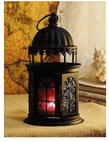 DSKYLODY Decorative Candle Lantern Vintage Hanging Lantern Metal Candle Holder Outdoor Candle Lanterns Glass Windlight for Indoor Outdoor Garden (White) (Color : Black)