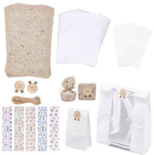PH PandaHall Kit di Imballaggio per Sapone Fatto A Mano 30 Involucri di Sapone 10 Carta Da Imballaggio Oleata 12 Sacchetti di Carte 10 Fogli Carta Da Forno 10m Cavo di Iuta per Regali Matrimoni