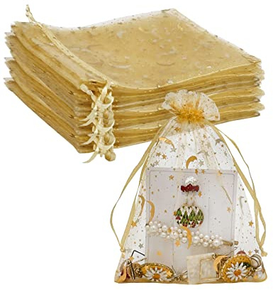 Jexila Organza-Beutel, 12,7 x 17,8 cm, goldfarbene Netz-Geschenkbeutel mit Kordelzug, klein, für Hochzeit, Party, Süßigkeiten, Kerzen, Geschenktüten, 100 Stück