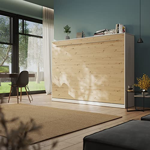 Schrankbett Standard 140x200 cm Horizontal Weiß/Wildeiche mit Gasdruckfedern, ausklappbares Wandbett, ideal geeignet als Wandklappbett fürs Gästezimmer, Büro, Wohnzimmer, Schlafzimmer