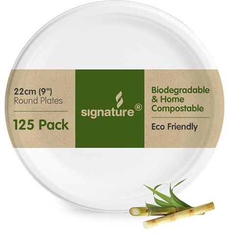 Signature Packaging Sturdy Round Paper Plates, Disposable and Biodegradable Dinnerware for Parties and Events, Eco-Friendly Compostable for Hot and Cold Food - Round 9” (23cm) 125 Plates per Pack