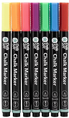 CHALKSTAR - 7er-Set Flüssigkreidemarker - Runde Spitze 1-2 mm - Mehrfarbig | Für Kreidetafeln und Fenster - Leicht abwischbar - Wasserbasiert und ungiftig