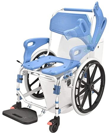 Duschstuhl Fahrbar,Rollstuhl mit WC Eimer Toilettenstuhl mit Rollen,Gepolstertere Sitzfläche Toilettenrollstuhl,Klostuhl Aluminium-Duschstuhl mit Klappbarer Fußpedal 22 Zoll Räder