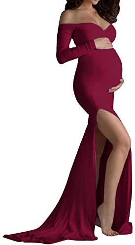 Mujeres Embarazadas Sexy Fotografía Apoyos Hombros Descubiertos Cuello en V Vestido Largo de Maternidad Camiseta de Manga Corta para Mujer, rojo, M