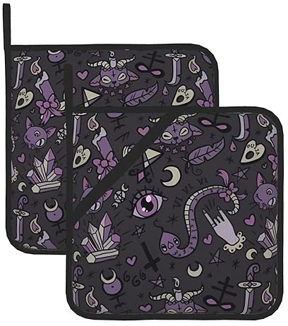 Set di 2 presine viola nero gotico spettrale, resistenti al calore, antiscivolo, con tasche per cucina, cucina, cottura al forno, barbecue