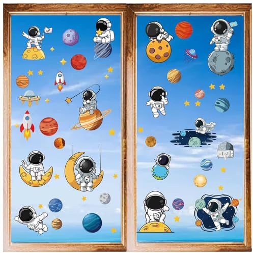 CRASPIRE 8 Styles Planet Window Stickers Spaceman Moon Wall Clings Peel and Stick PVC Waterproof Self Adhesive Decals Decor for Fridge Bedroom Living Room Kitchen Store Showcase Dorm Classroom