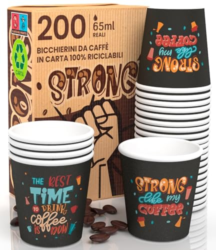 Eurocali 200 Bicchierini in Carta per caffè 65ml StrongLifeCUP Bicchieri Ecologici Biodegradabili e Monouso Piccoli Asporto Bevande Calde