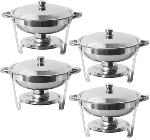 PRIJESSE Chafing Dish, Buffet Serving Utensils, Rectangle Stainless Steel Food Warmer Kit with Lids Food Pans Bain Maries and Fuel Holders for Restaurant Catering Parties Weddings (4QT Round - 4 pack)