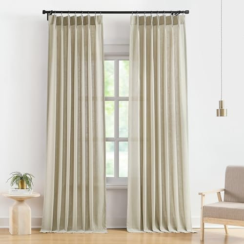 Vision Home Sandfarbene Plissee-Vorhänge, halbtransparent, strukturiertes Leinen-Mischgewebe, lichtfilternd, Fenstervorhänge mit Haken, 274,3 cm, für Wohnzimmer, Schlafzimmer, Quetschfaltenvorhänge