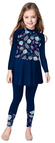 Fldy Mädchen UV Badeanzug Langarm Badeoberteil Kleid Hose 2er Set Kinder Rashguard Bademode Badebekleidung Sonnenanzug Navy blau 146-152
