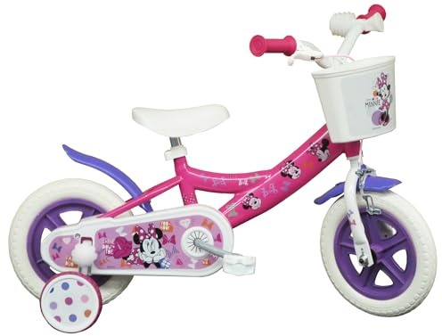 Minnie/Disney barncykel, 10 tums cykel, flickcykel med 1 broms, främre korg, stänkskydd, hölje, pinnhjul och 2 avtagbara stabilisatorer, rosa