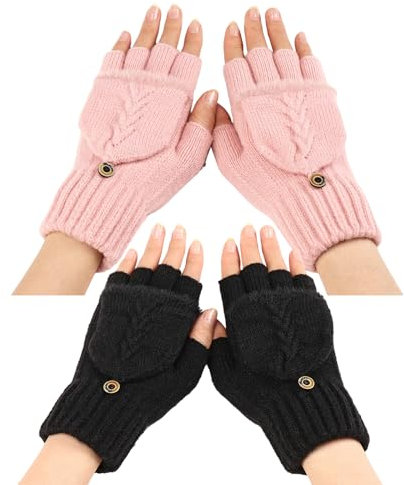 2 Paare Handschuhe Winter Damen Herren Fingerlose Handschuhe Halbfinger Handschuhe mit Kappe Flip Winter Handschuhe für Männer Frauen, Winterhandschuhe