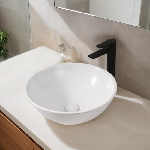 NUESTRA VIDA Lavabo per Bagno d' Appoggio 42×42×16 cm in Ceramica, Lavabo da Appoggio in Ceramica Lavandino Bagno Lavabo per gli ospiti, Finitura Bianco Lucido, per Bagno e WC Degli Ospiti, Rotondo